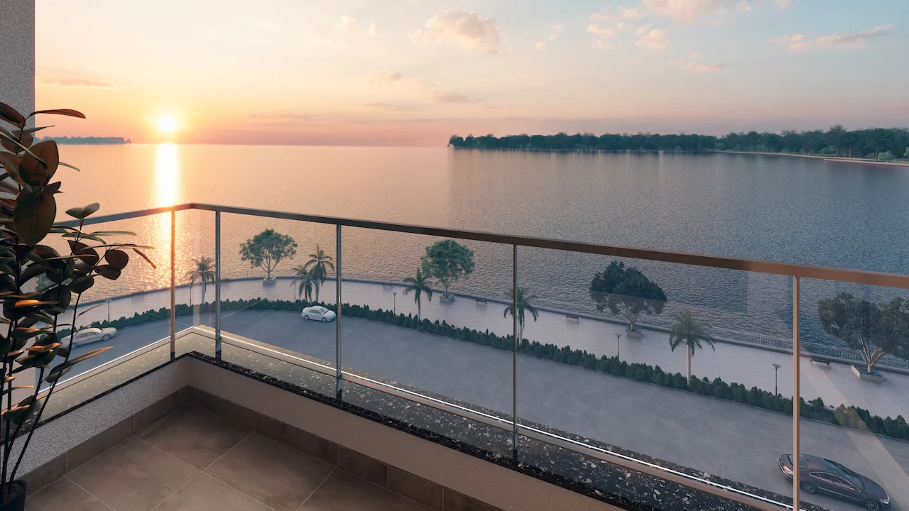 Sunset over the Kochi backwaters from a Marina One residence balcony