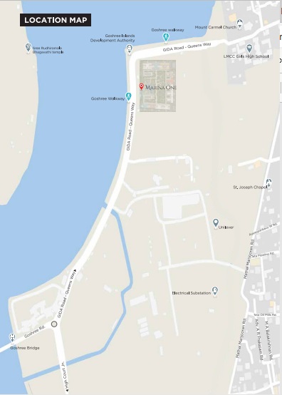 Official location map of Marina One Kochi at Marine Drive showing surrounding landmarks