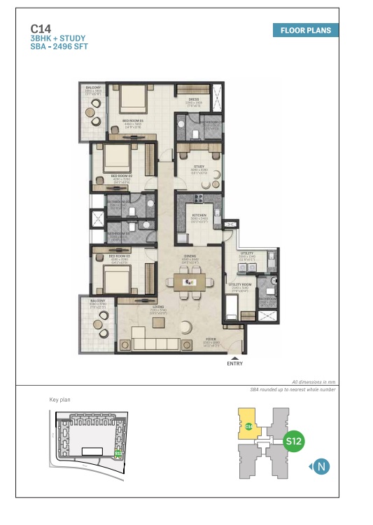 Marina One Kochi 3 BHK floor plan, tower C14 layout