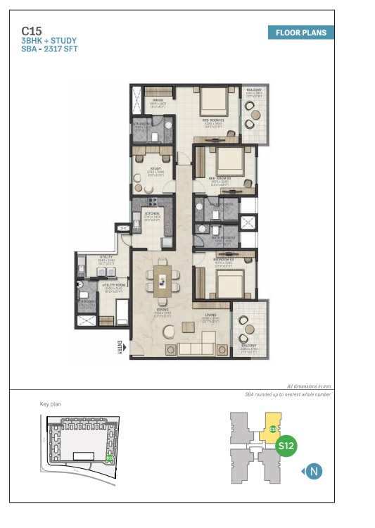 Marina One Kochi floor plan — 3 BHK, tower C15
