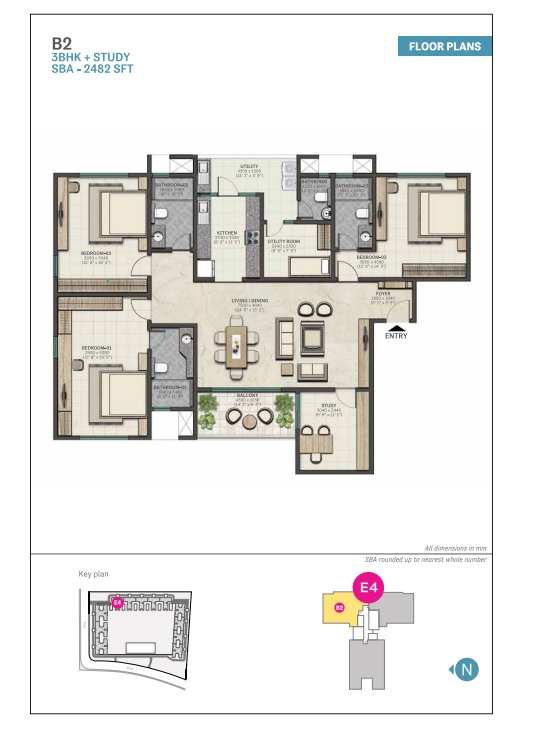 Marina One Kochi 3 BHK + Study floor plan, 2,482 sq.ft waterfront layout