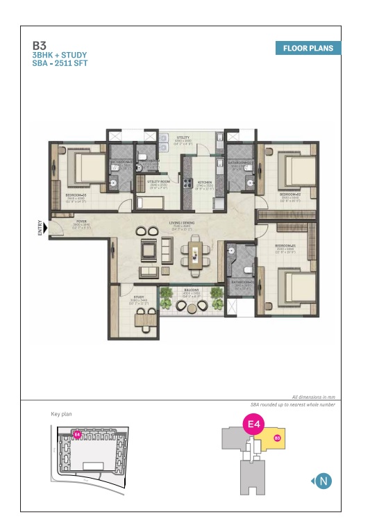 Marina One Kochi 3 BHK + Study floor plan, 2,511 sq.ft waterfront layout