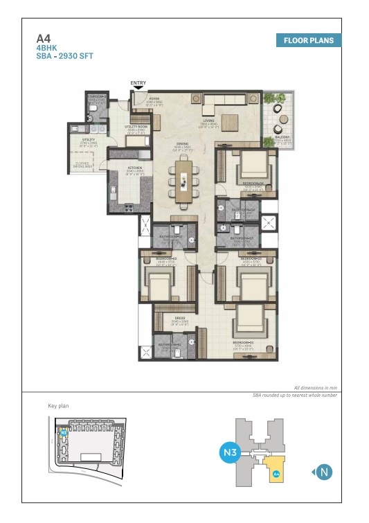 Marina One Kochi 4 BHK floor plan, 2,930 sq.ft A4 layout