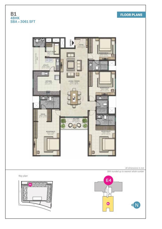 Marina One Kochi 4 BHK floor plan, 3,061 sq.ft B1 layout