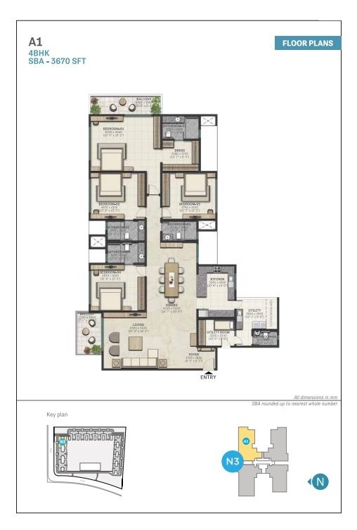 Marina One Kochi 4 BHK floor plan, 3,670 sq.ft A1 layout