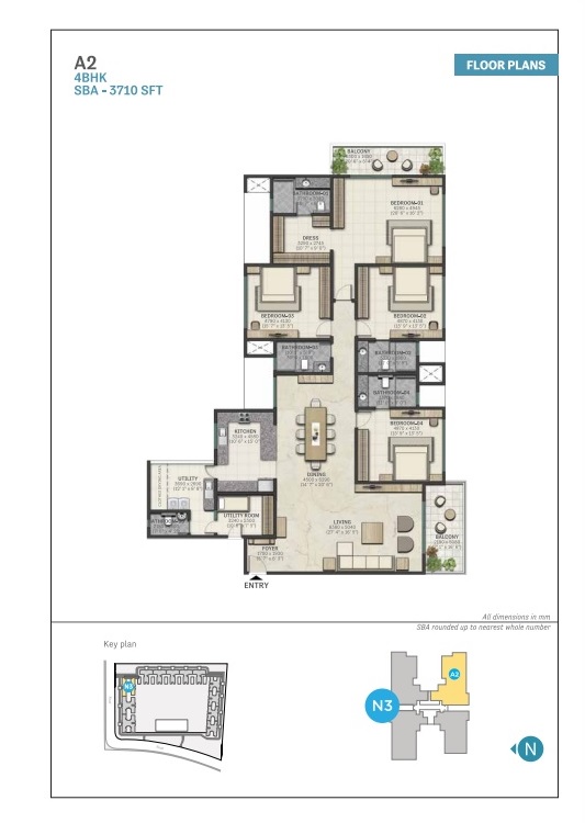 Marina One Kochi floor plan — 4 BHK, 3,710 sq.ft, A2 layout
